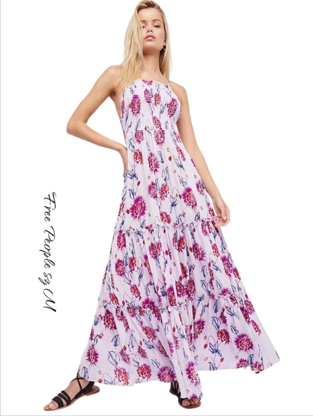 Free People Garden Party Floral Maxi Dress Lavender Boho Purple Smoked Sz M